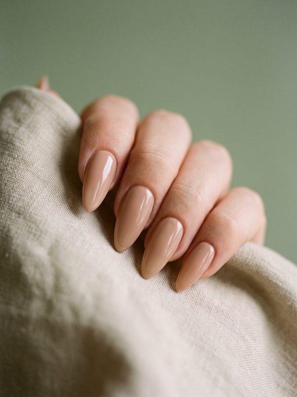 Frisch modellierte Gelnägel in Nude-Ton, Nahaufnahme einer Hand