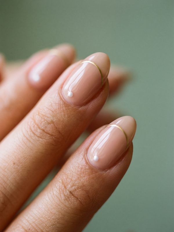 Handgemaltes Nail-Art-Design mit feinen Linien auf Nude-Untergrund
